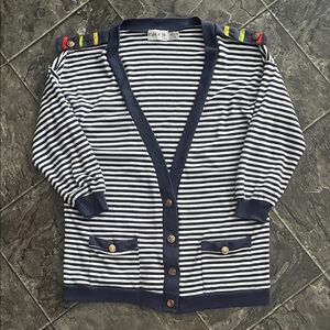 MAGGIE JANA Navy Striped Cardigan Sweater Nautical Preppy Coastal Cottagecore